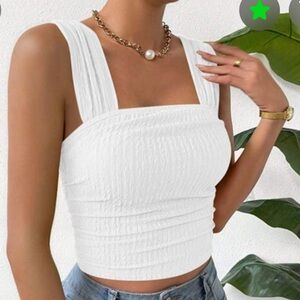 White Textured Square Neck Tank Top